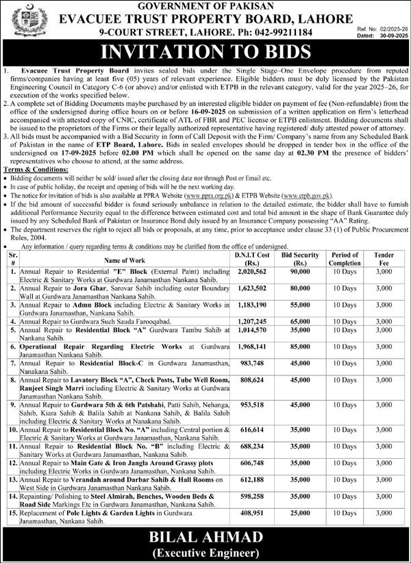 Evacuee Trust Property Board Lahore Tender Notice